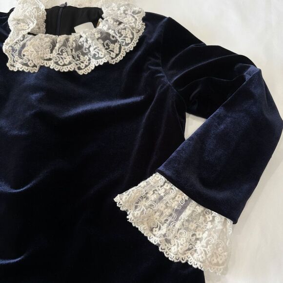 Mademoiselle Charlotte Navy Velvet Dress Ivory Lace Collar Cuffs Girls Sz 10 - Picture 6 of 11